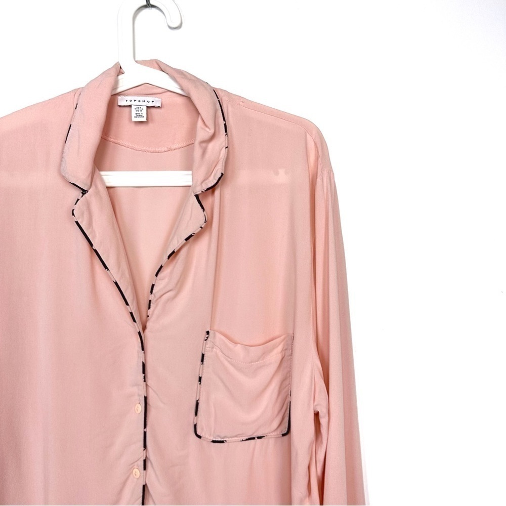 Topshop Kourtney Pajama Shirt Top Pocket Pastel Pink Animal Print Trim Size 12 - Picture 4 of 11